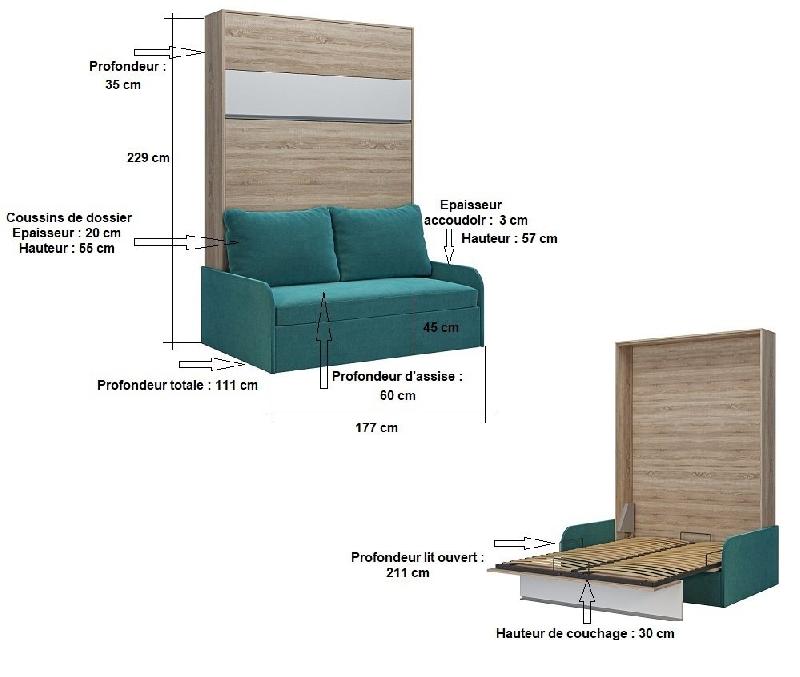 Armoire lit escamotable Bermudes Sofa - Canapé bleu avec bandeau blanc 160x200 cm_4