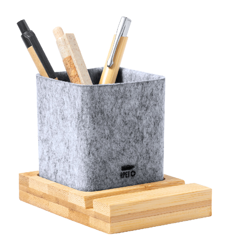 Set de bureau en bambou - support téléphone portable et porte-feutre en RPET - couleur naturelle_4