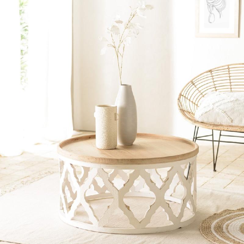 CORVIE - Table basse ronde avec plateau en bois naturel et piètement en métal blanc - Design graphique et raffiné_4