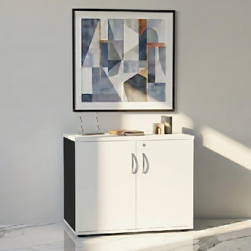 Armoire de bureau avec portes décor bois - MDD - Blanc pastel, Noir_4