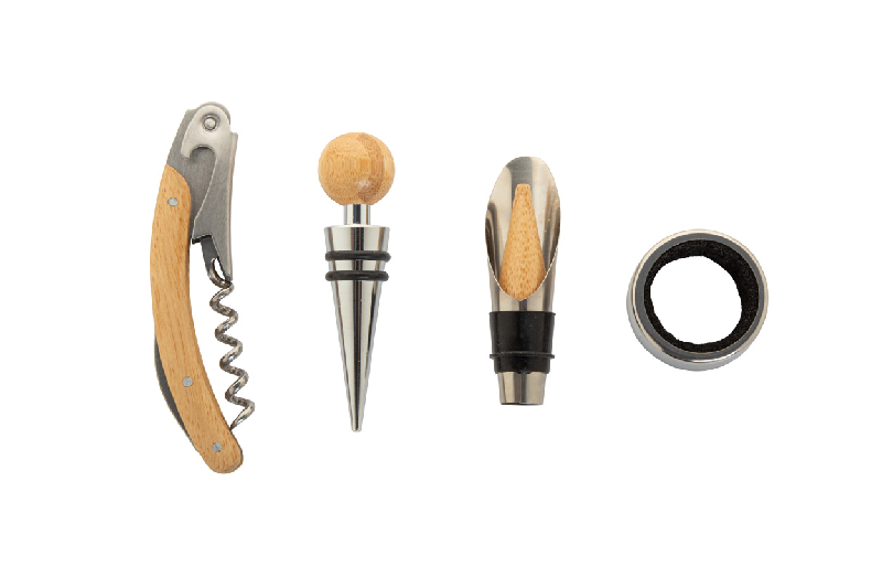 Set à vin - tire-bouchon, bouchon et embout en acier inoxydable avec boîte en bambou_4
