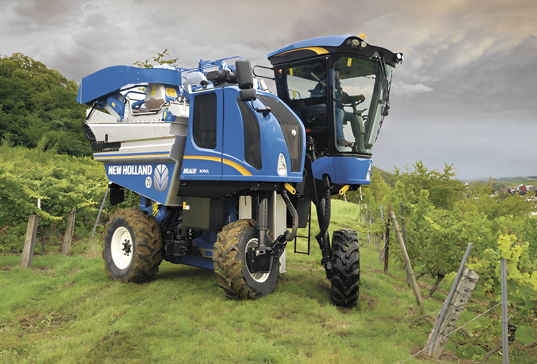 Vendangeuse New Holland avec benne standard et garde au sol élevée