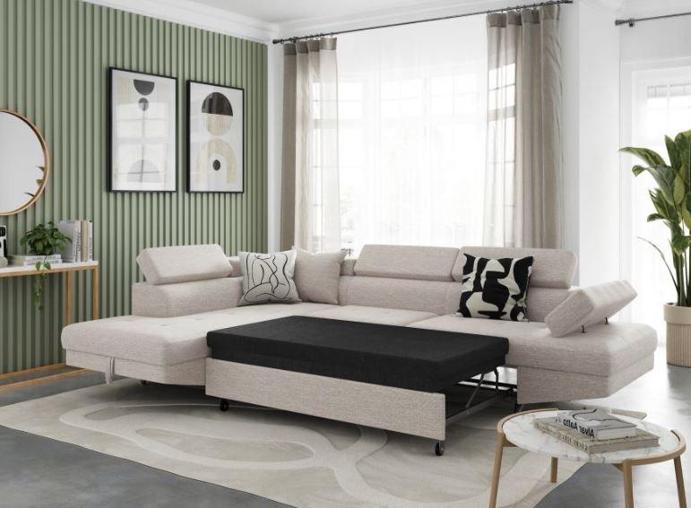 Canapé d'angle convertible avec méridienne gauche RINO beige - pieds métal - coffre de rangement - têtières réglables_4