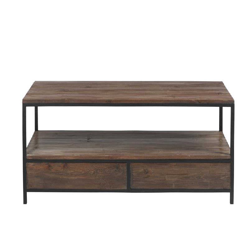 Table basse BAPITA - 2 tiroirs - Bois massif marron foncé et métal noir - Dimensions L120 x H61 x P50 cm_4
