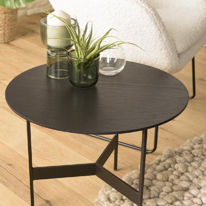 Table basse ronde noire DILA - 50 cm - Pieds métal - Structure MDF plaqué chêne_4