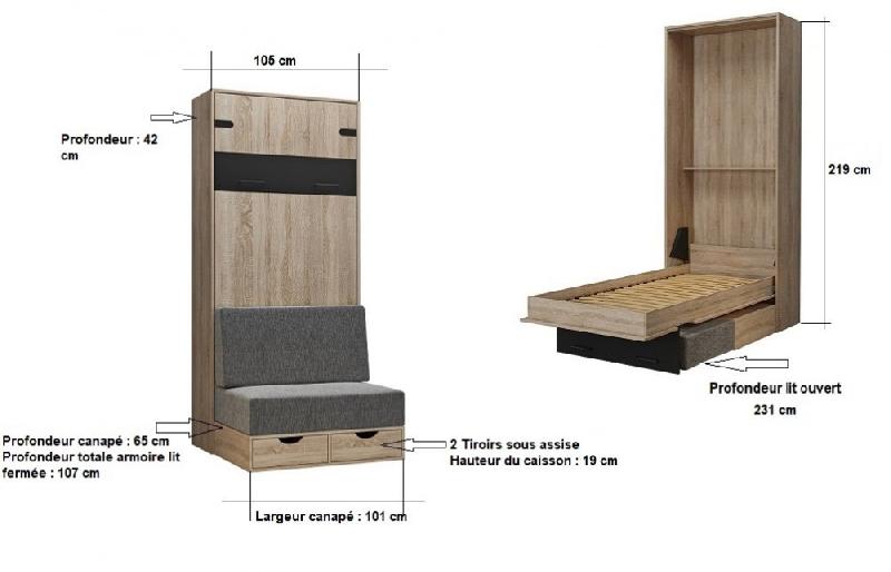 Lit escamotable style industriel KEY SOFA - Chêne naturel - 90x200 cm avec canapé et tiroirs de rangement_4