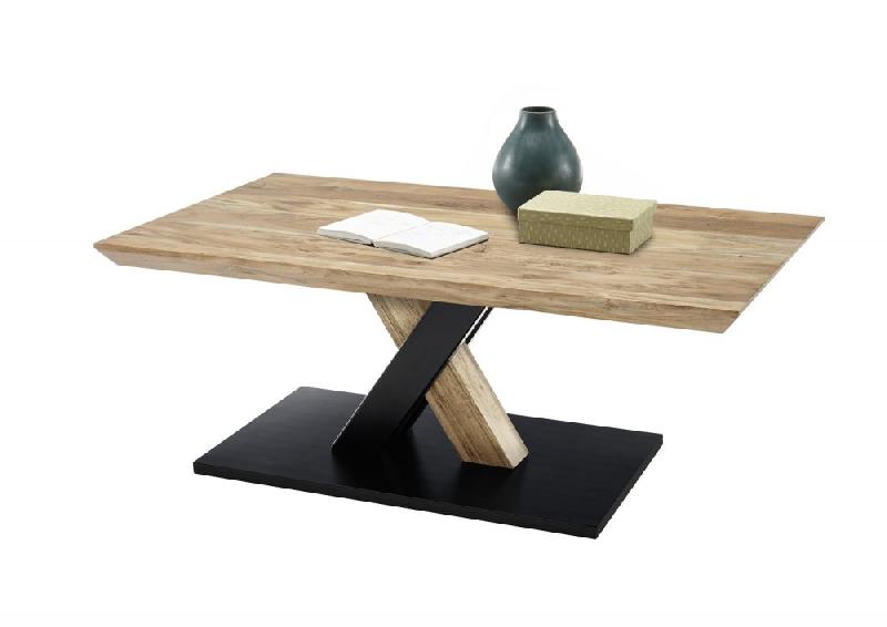 Table basse design Maverick - chêne sauvage acacia, piétement bicolor noir mat/acacia, roulettes intégrées_4