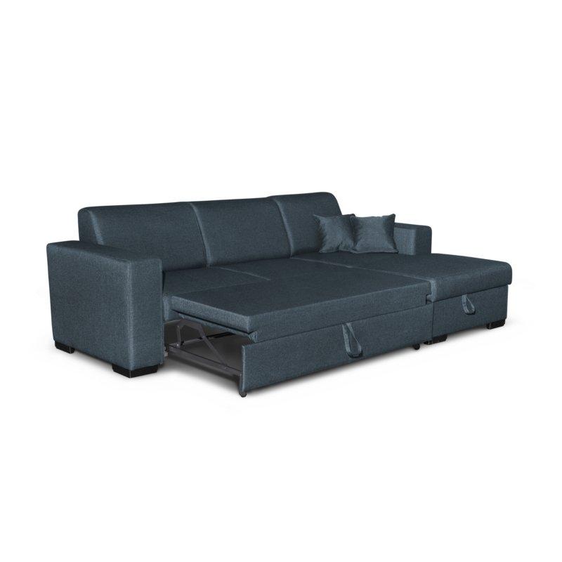 Canapé d'angle à droite convertible CABIRI - tissu bleu pétrole avec coffre de rangement et coussins d'appoint_4
