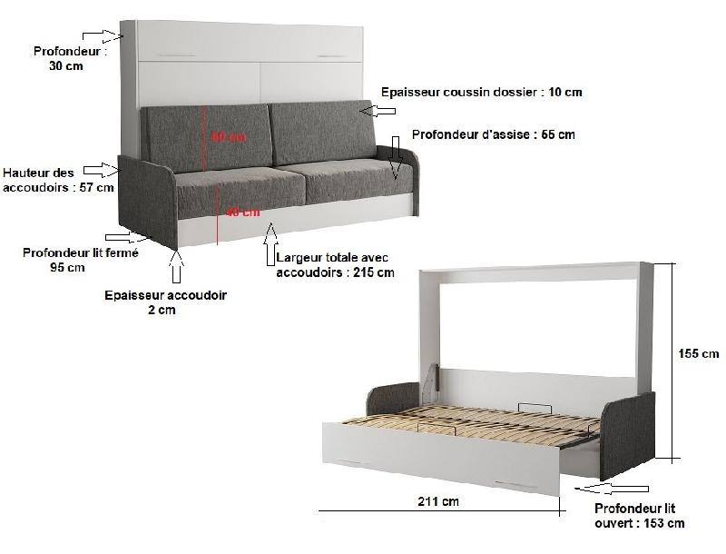 Armoire-lit escamotable VERTIGO SOFA Blanc avec accoudoirs tissu gris - canapé 140x200 cm_4