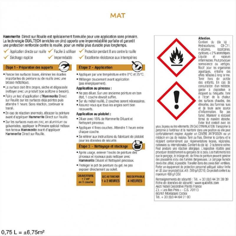 Peinture fer extérieur HAMMERITE - Direct sur rouille - Noir ferronnerie mat - 0.75 L - RAL 9005 - Protection et décoration des métaux ferreux_4