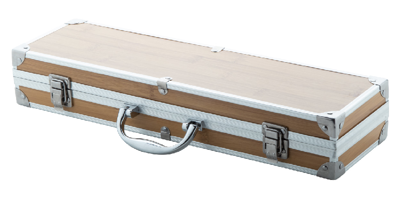 Set de barbecue 3 pièces en acier inoxydable avec manches en bambou - Coffret aluminium aspect bambou_4