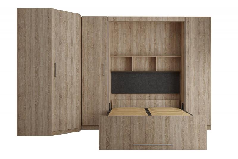 Composition armoire lit escamotable d'angle Lutecia - Chêne naturel - 350x100 cm - Couchage 140x190 cm - Rangements intégrés_4
