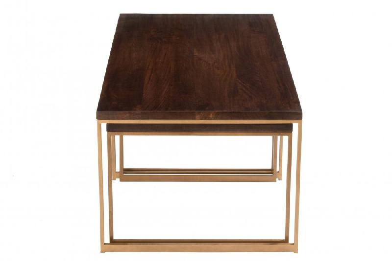 Table basse salon 3 parties BIOR - bois de manguier brun foncé et métal doré - pratique et design_4