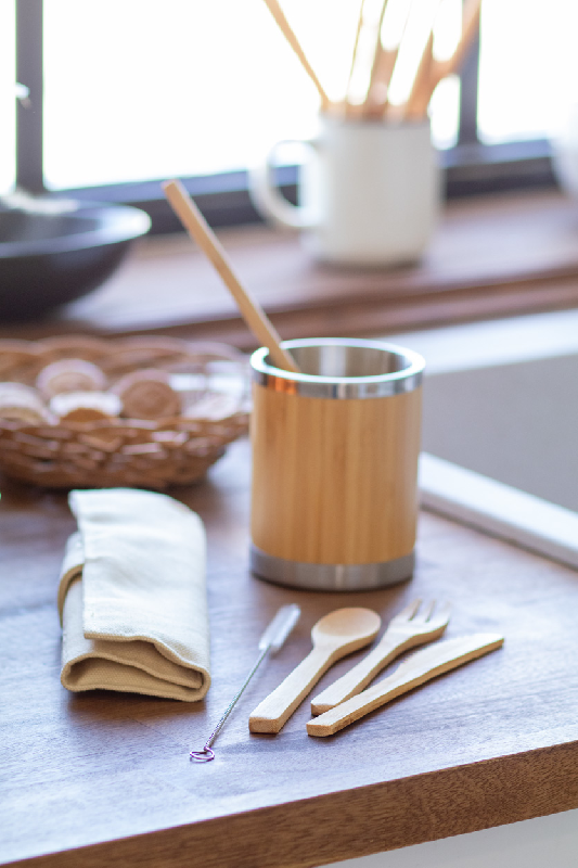 Set de couverts en bambou - 5 pièces avec pochette en coton - Fourchette, couteau, cuillère, paille et brosse de nettoyage_4