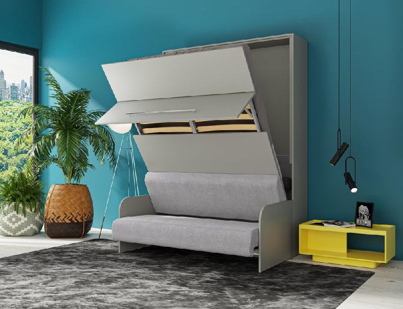 Armoire lit escamotable Sofa Automatica 140 cm - mélaminé gris avec canapé microfibre intégré_4