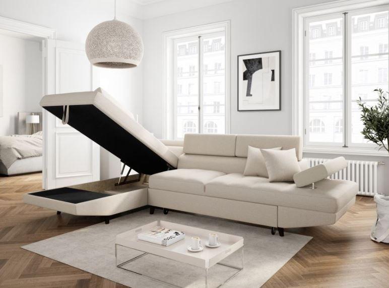 Canapé d'angle méridienne gauche RINO convertible beige avec coffre de rangement - pieds laqués noirs - 3 têtières réglables et 2 coussins déco_4