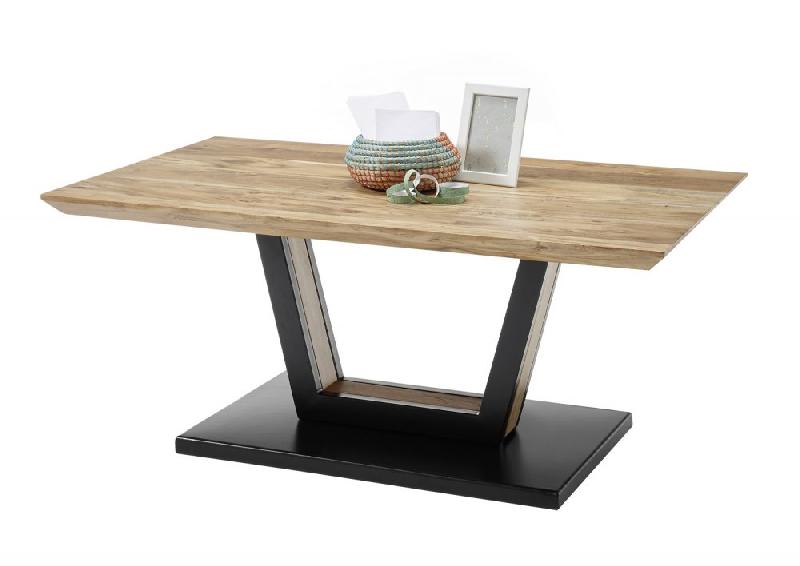 Table basse design Beford en chêne acacia - plateau laqué naturel - piétement métal noir mat avec roulettes_4