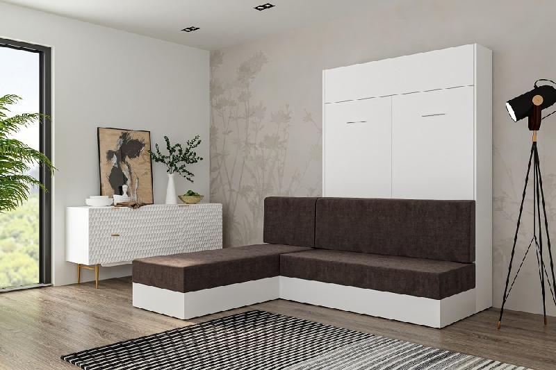 Lit escamotable Dynamo Sofa - Canapé angle méridienne réversible blanc mat tissu marron 140x200 cm avec coffre de rangement_4