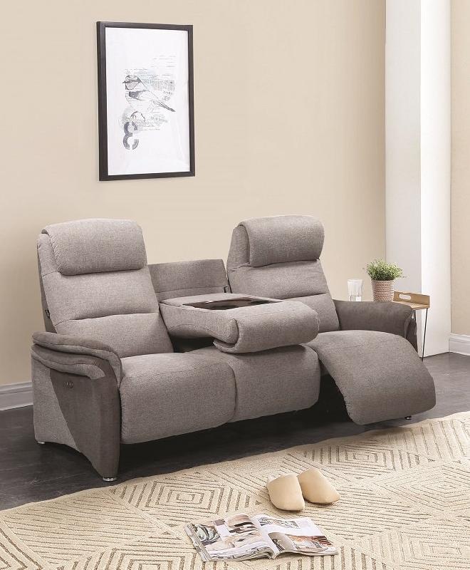 Canapé relax 3 places électrique ZILIA - tissu gris clair et gris foncé - têtières ajustables et tablette centrale_4