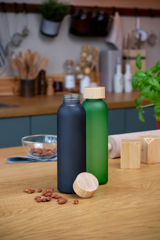 Gourde en verre givré - bouchon en bambou - 500 ml - couleur bleue_4