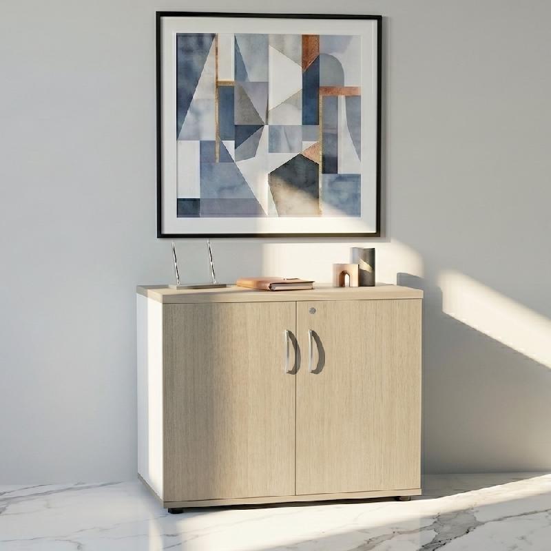 Armoire de bureau avec portes décor bois - MDD - Chêne Canadien, Blanc pastel_4