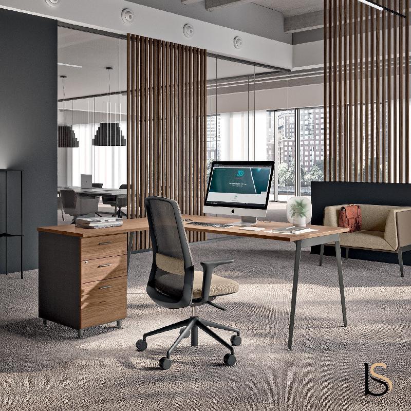 Bureau d'angle de manager avec caisson X3 - Officity - Anthracite, Noyer canaletto, 3 tiroirs, 180 x 180 cm_4