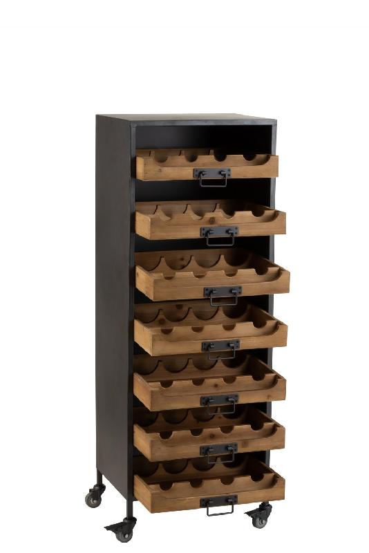ARMOIRE À ROULETTES 7 TIROIRS BOUTEILLES DE VIN FAKY EN MÉTAL NOIR ET BOIS NATUREL._4