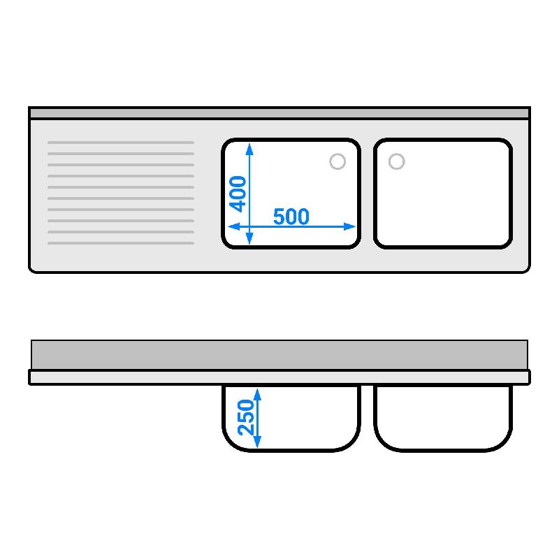 Plonge inox 2 bacs et égouttoir sur placard - P 600 mm -_4