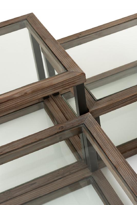 Set de 4 tables basses carrées SQUA - Bois marron et verre transparent - Design sobre et rustique_4