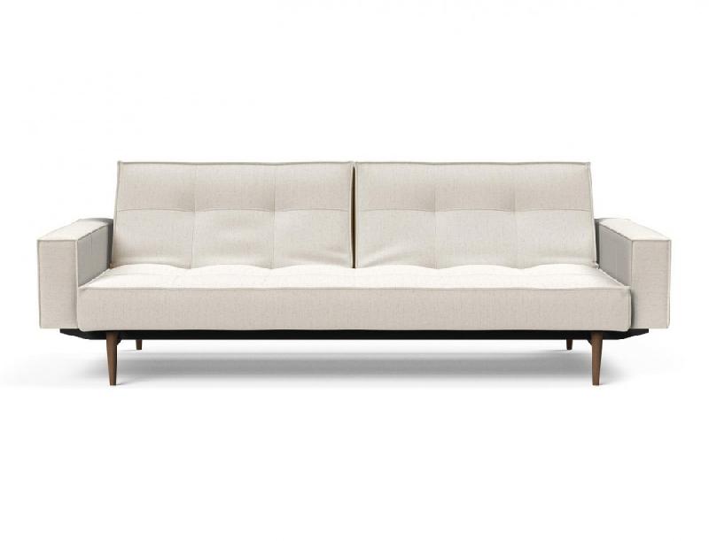 Canapé convertible Splitback Styletto avec accoudoirs - pieds fuseau chêne noyer - tissu bouclé Off White - couchage 115x210 cm_4