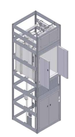 Monte-charges à pylône autoporteur avec suspension 2:1 et chaînes à rouleaux
