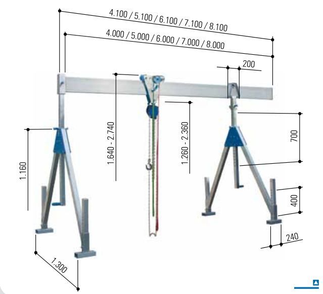 Portiques en aluminium stationnaires Schilling - 1.000 kg et 1.500 kg - avec montants pliables et chariot blocable_4