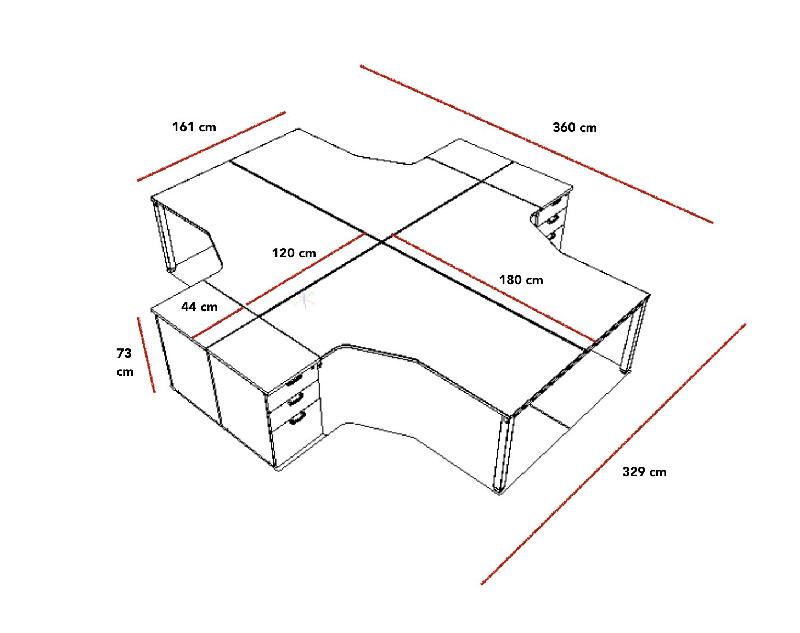 Bureau bench 4 personnes Tempo - Mobel  Linea. - Argent Ral 9006, Chêne moyen , 3 tiroirs, 360_4