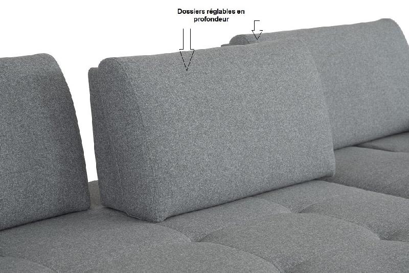 Canapé d'angle fixe Fernie - double profondeur - tissu gris - têtières amovibles - 305 x 240 cm - retour gauche - pieds métal noir_4