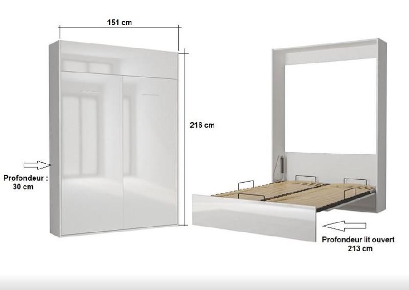 Armoire lit escamotable Dynamo - Blanc mat et brillant effet miroir - 140x200 cm avec sommier lattes_4