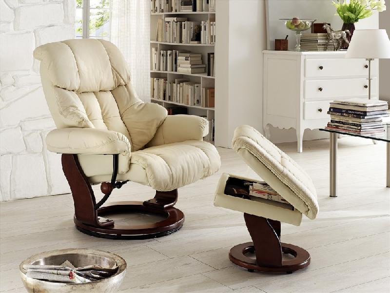 Fauteuil relax CLAIRAC - cuir crème - pied en bois noyer - avec repose-pied - inclinable à 135° et pivotant à 360°_4