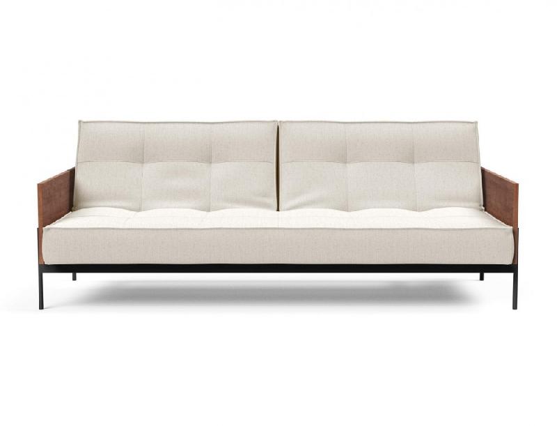 Canapé-lit Innovation Living Splitback Lauge - Convertible 115x210 cm - Tissu Bouclé Off White - Accoudoirs Noyer_4