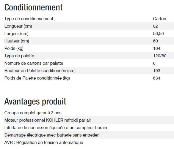 Groupe électrogène Kohler avec puissance de 6,30 kW et tension 230V