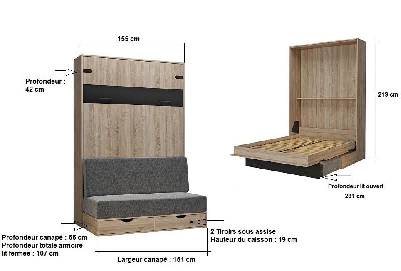 Lit escamotable style industriel KEY SOFA - 140x200 cm - Chêne naturel - Canapé 2 places avec tiroirs - Anthracite_4