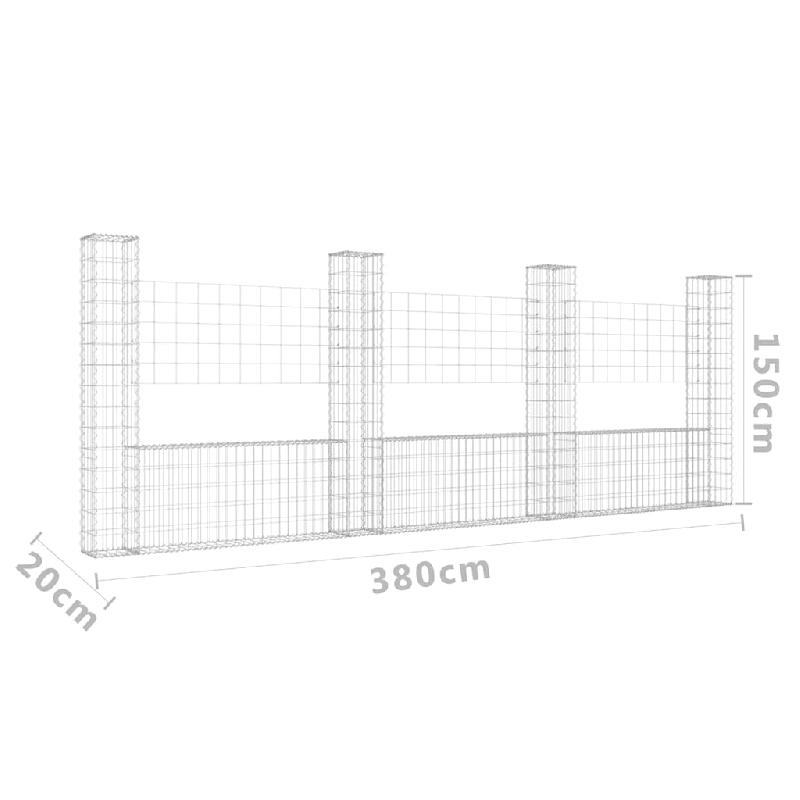 Vidaxl panier de gabion en forme de u avec 4 poteaux fer 380x20x150 cm 151284_4