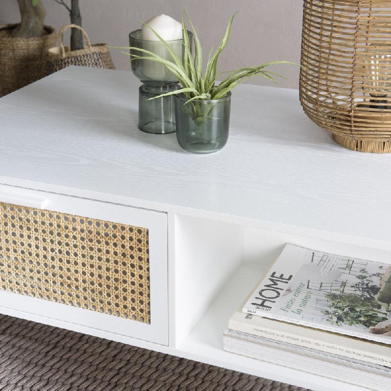 Table basse ANDROS blanche - cannage naturel, 2 tiroirs et 1 niche_4
