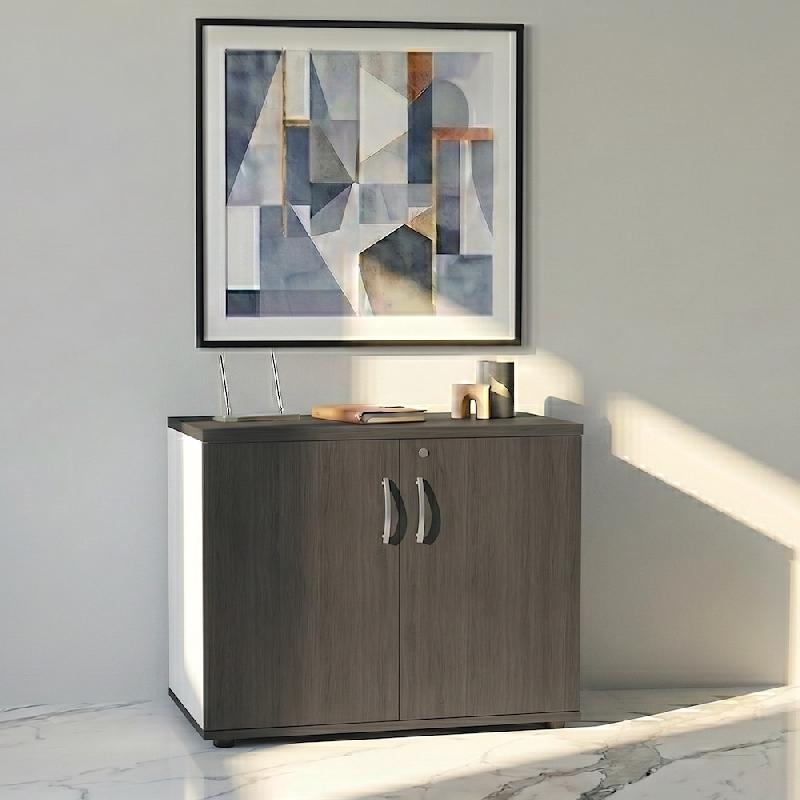 Armoire de bureau avec portes décor bois - MDD - Blanc pastel, Chêne gris_4