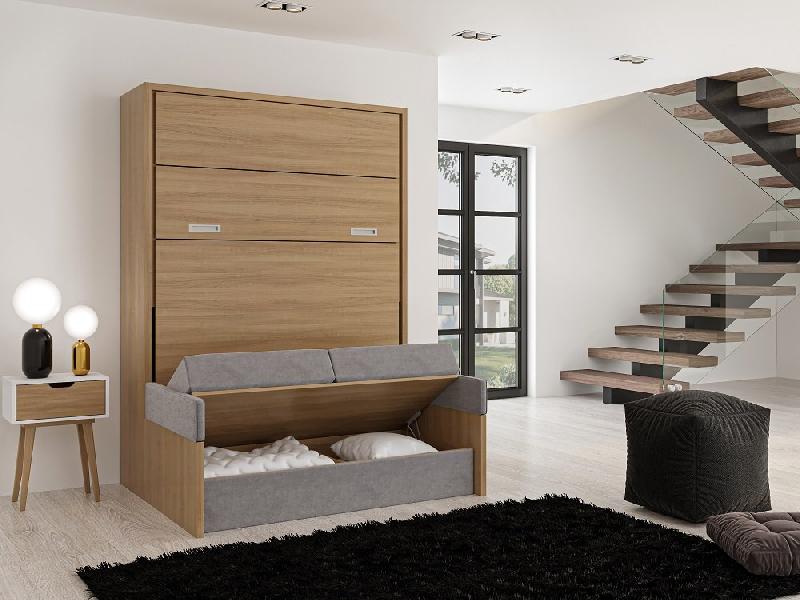 Armoire lit escamotable NAXOS SOFA - 140x200 cm - Merisier Verona - Canapé tissu gris_4