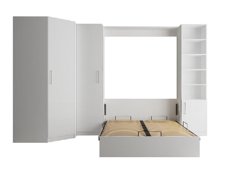 COMPOSITION ARMOIRE LIT ESCAMOTABLE DYNAMO BLANC MAT COUCHAGE 140 X 200 CM  2 COLONNES RANGEMENTS + ANGLE_4