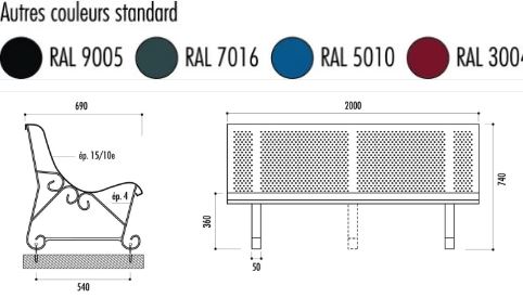 Banc public Santiago en tôle perforée 15/10e - longueur 200 cm - 2 modèles disponibles - à poser ou à sceller_4