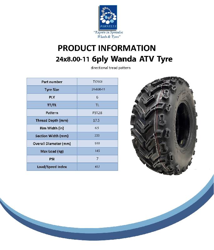 24x8.00-11 Quad ATV Tyres 6ply Wanda E-Marked Road Legal Tubeless 41J (Set of 4)_4