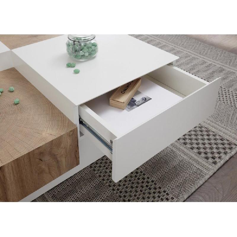 Table basse PIXBO - Laquée blanc mat et décor chêne - 2 tiroirs - Design original_4