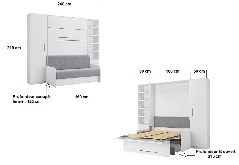 Composition lit escamotable blanc mat Sofa Automatica - canapé microfibre gris avec 2 colonnes et rangement intégré_4