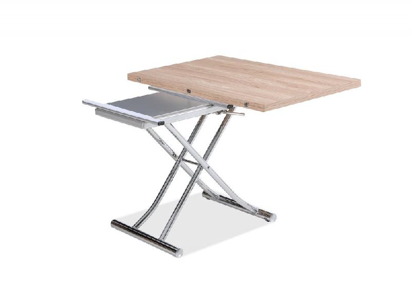 Table basse relevable extensible Trendy en mélaminé chêne clair - Pied chromé - Dimensions 110 x 70/140 cm_4