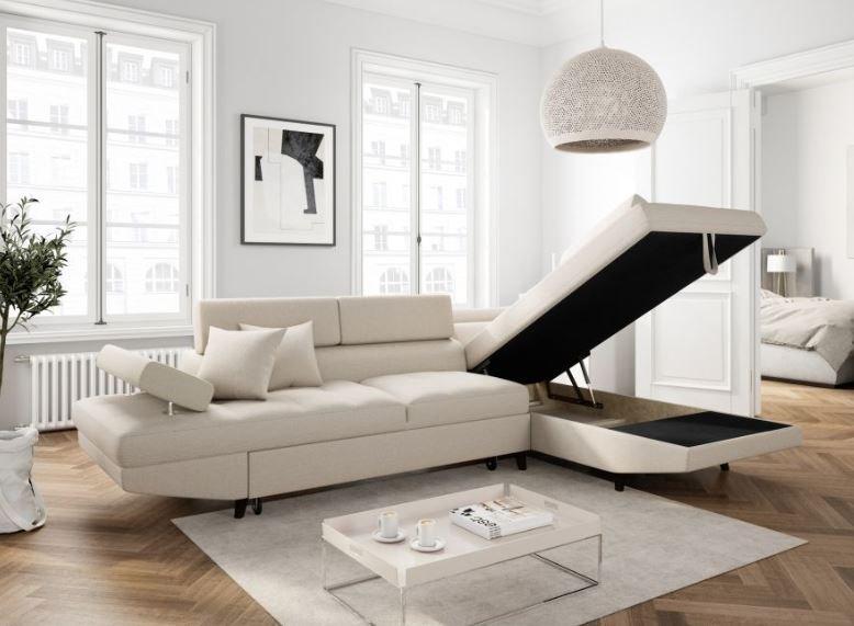 Canapé d'angle méridienne droite RINO convertible beige avec coffre de rangement et pieds laqués noirs_4